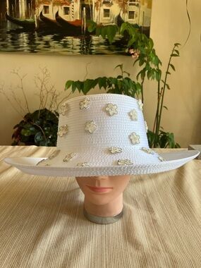 Elegant White Satin Ribbon Hat With White Sequined Beaded Floral Accent